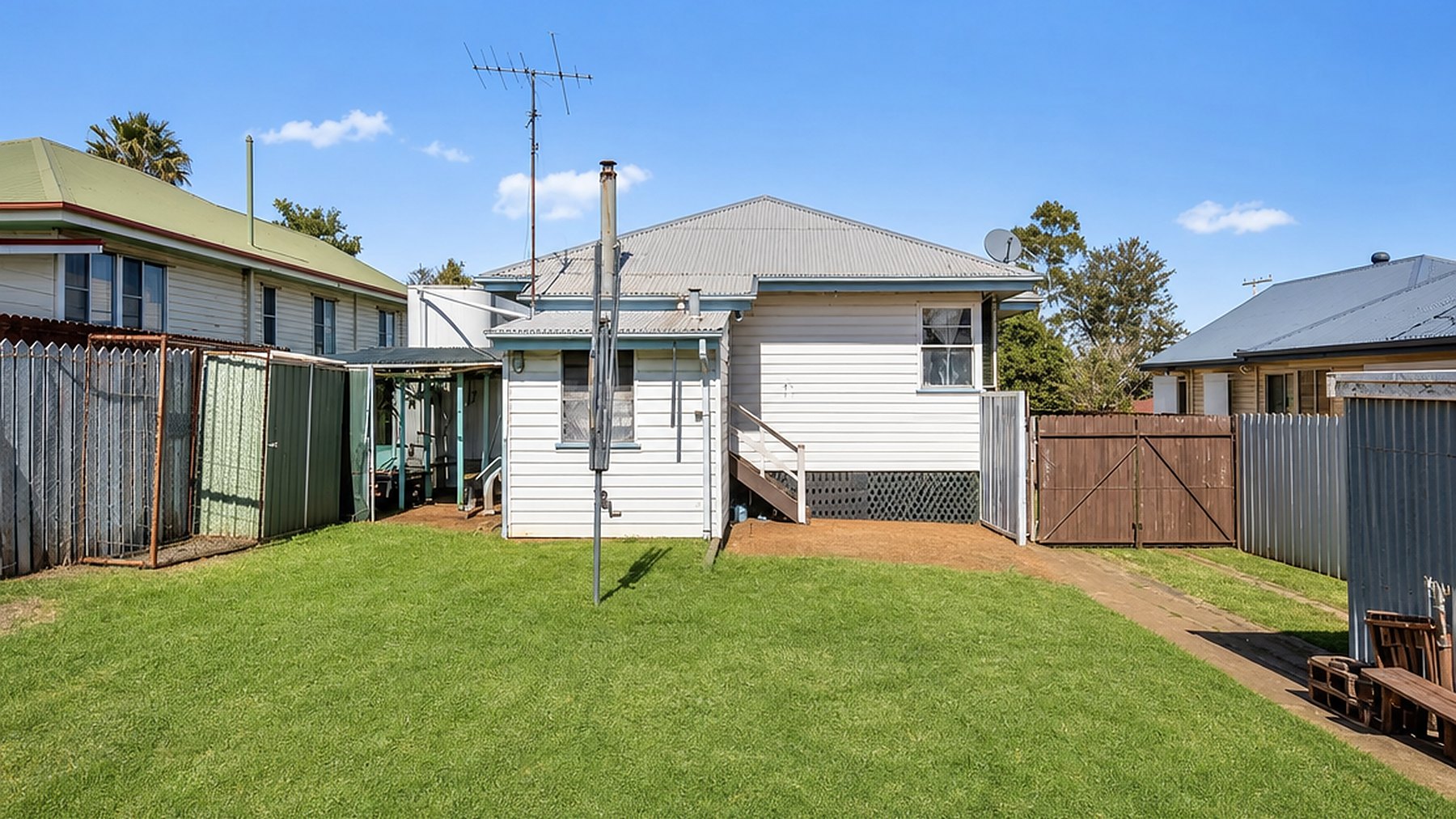Rear yard of 5 Kelly Street, Harlaxton, showing the shed that was half converted into a self contained flat