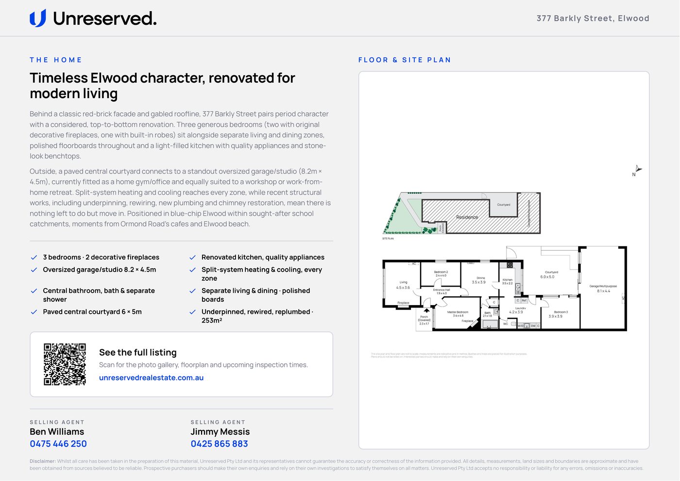 Back of an Unreserved property brochure: description, feature checklist, QR code, floorplan and site plan