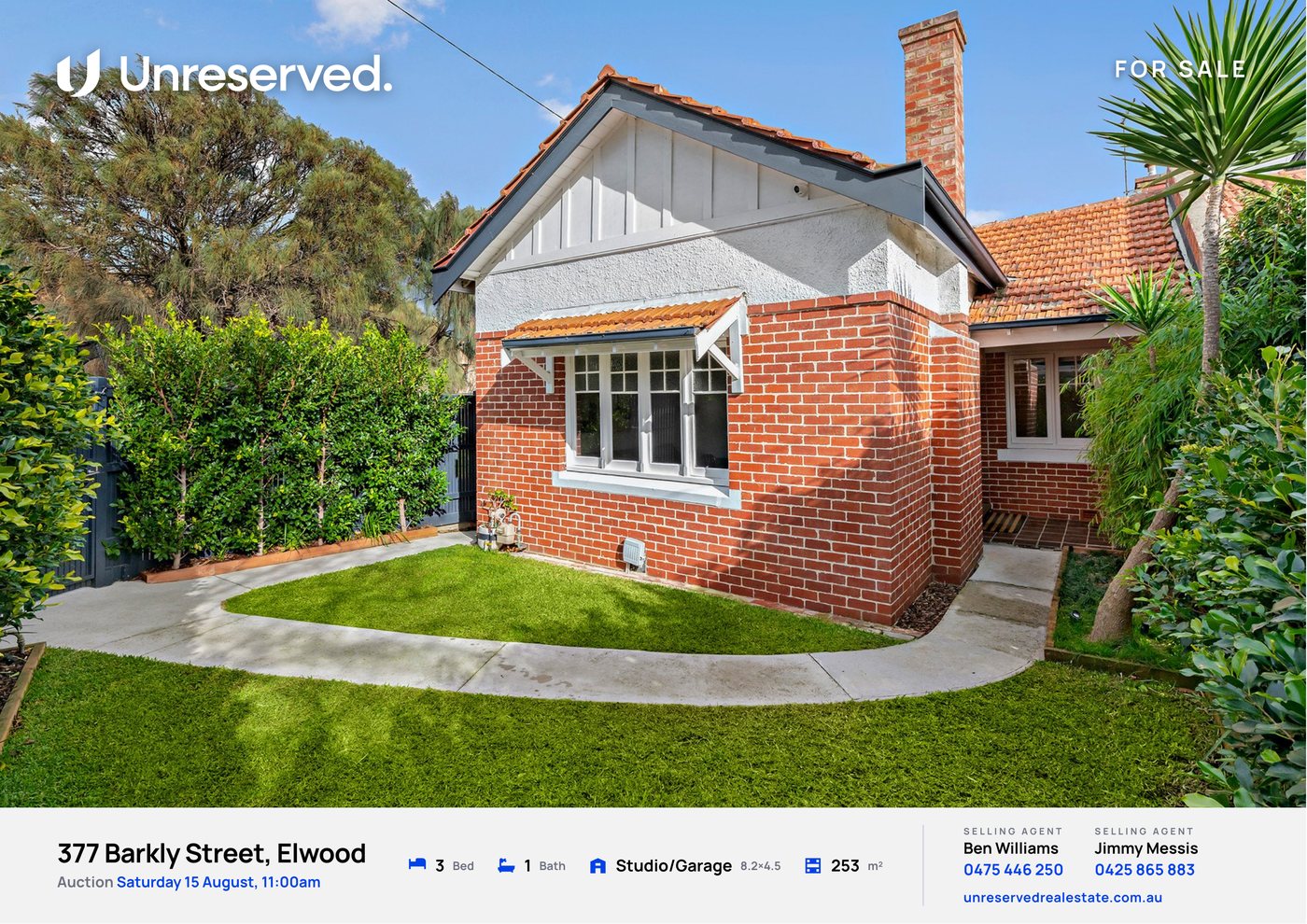 Front of an Unreserved property brochure: full-bleed facade photo, address, auction date, bed bath car and land details