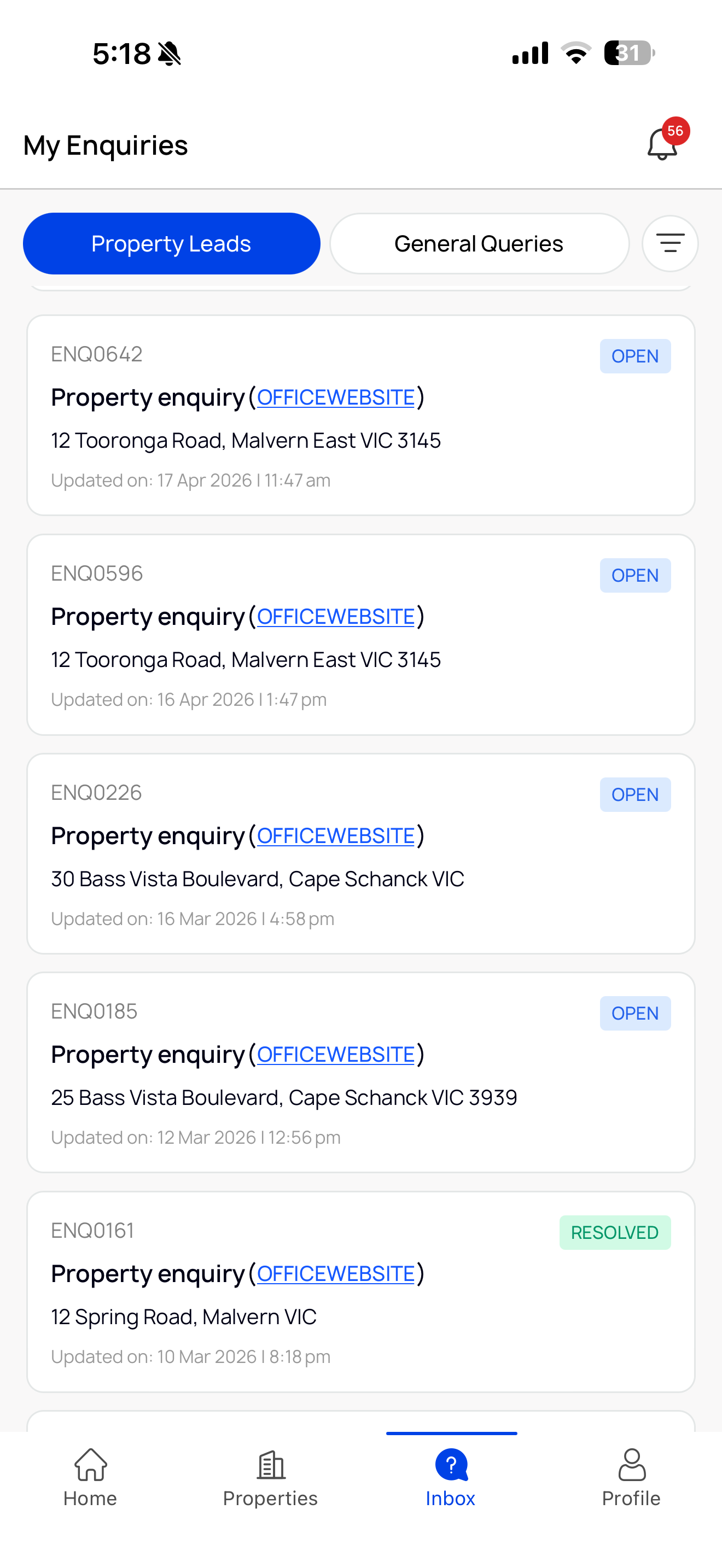 Live buyer enquiries flowing into the Unreserved app — every lead tracked from first message to offer