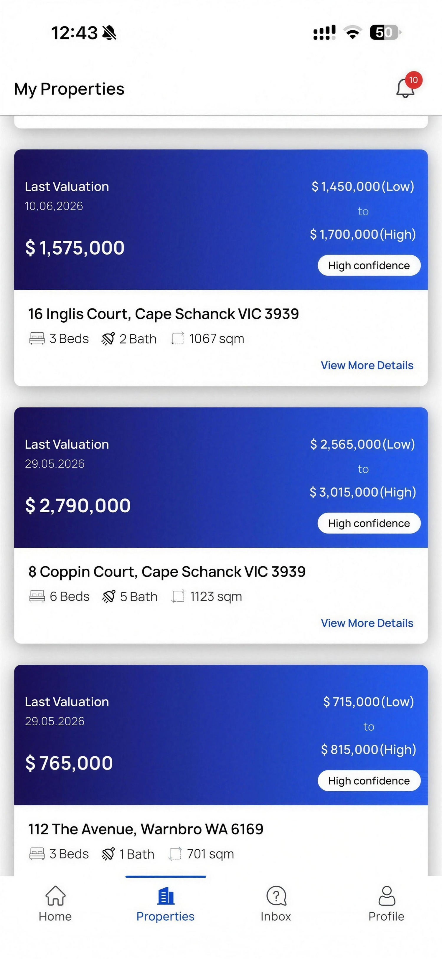 Unreserved app — My Properties dashboard tracking the latest valuation on each of the owner's properties