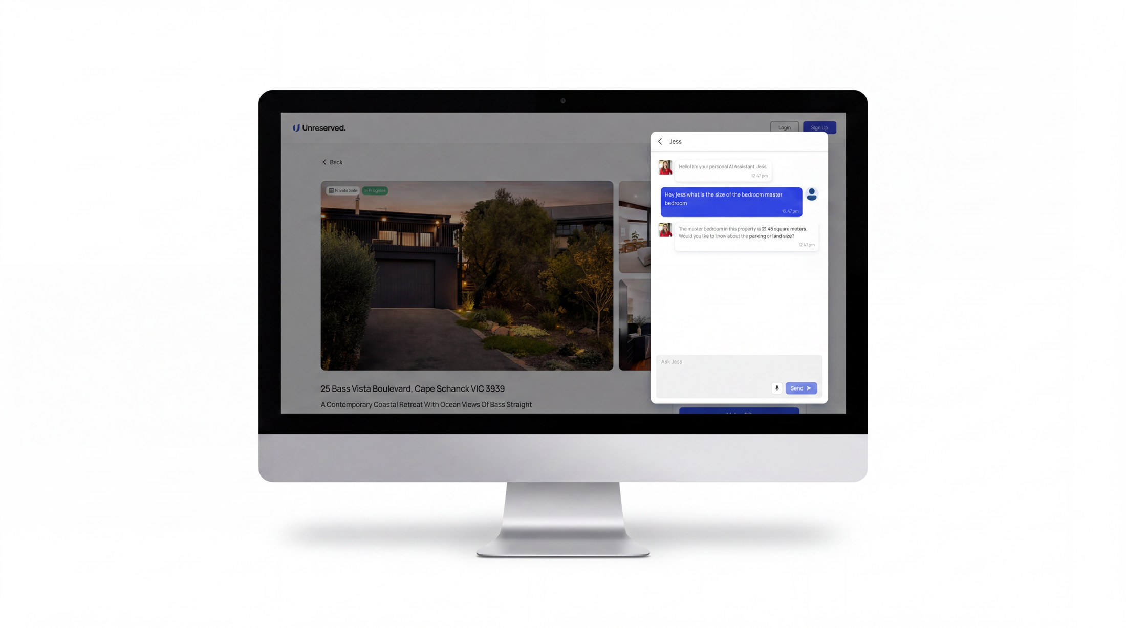 The Unreserved draft listing for 25 Bass Vista Boulevard, Cape Schanck shown on a desktop computer — photo gallery and the AI assistant answering buyer questions
