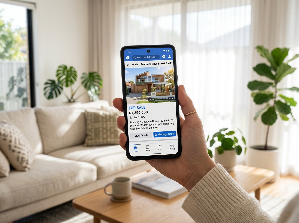 A hand holding a phone showing a property 'For Sale' listing published on Facebook Marketplace