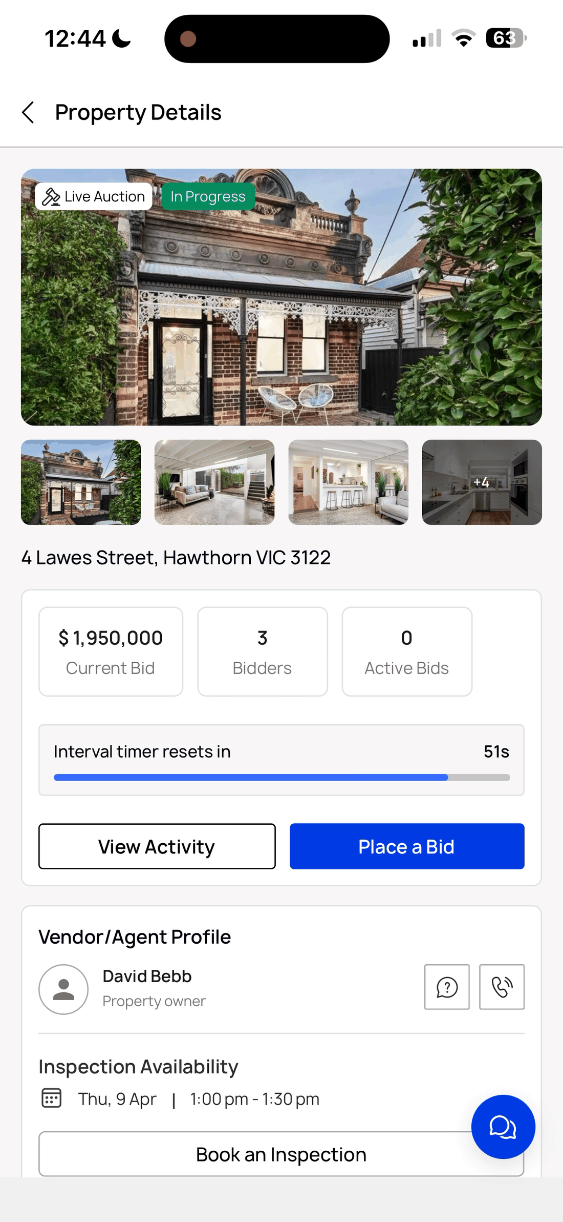 Live online auction view of 4 Lawes Street, Hawthorn — $1.95M with 3 verified bidders