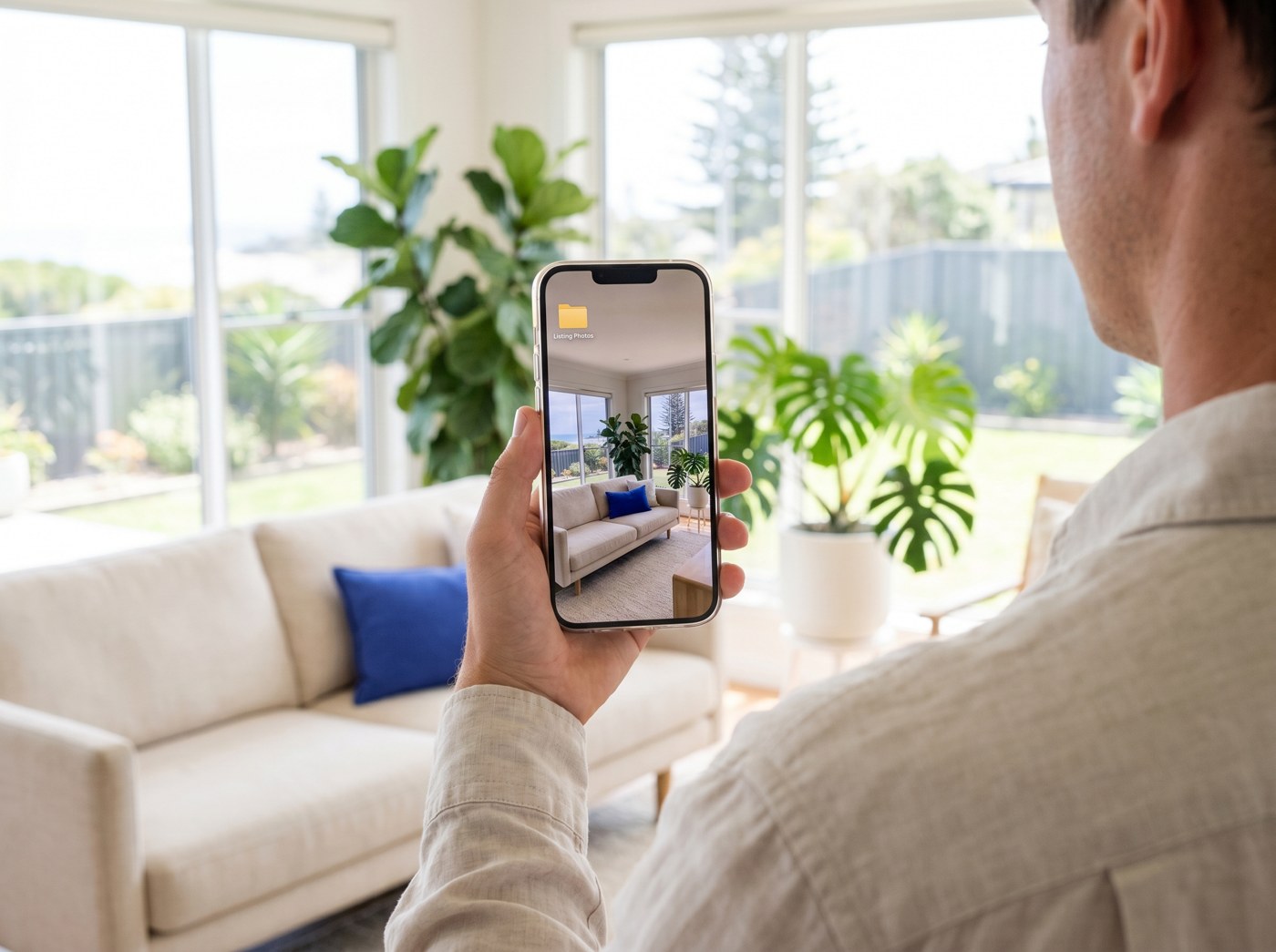 A person photographing their light-filled living room with a smartphone for their listing