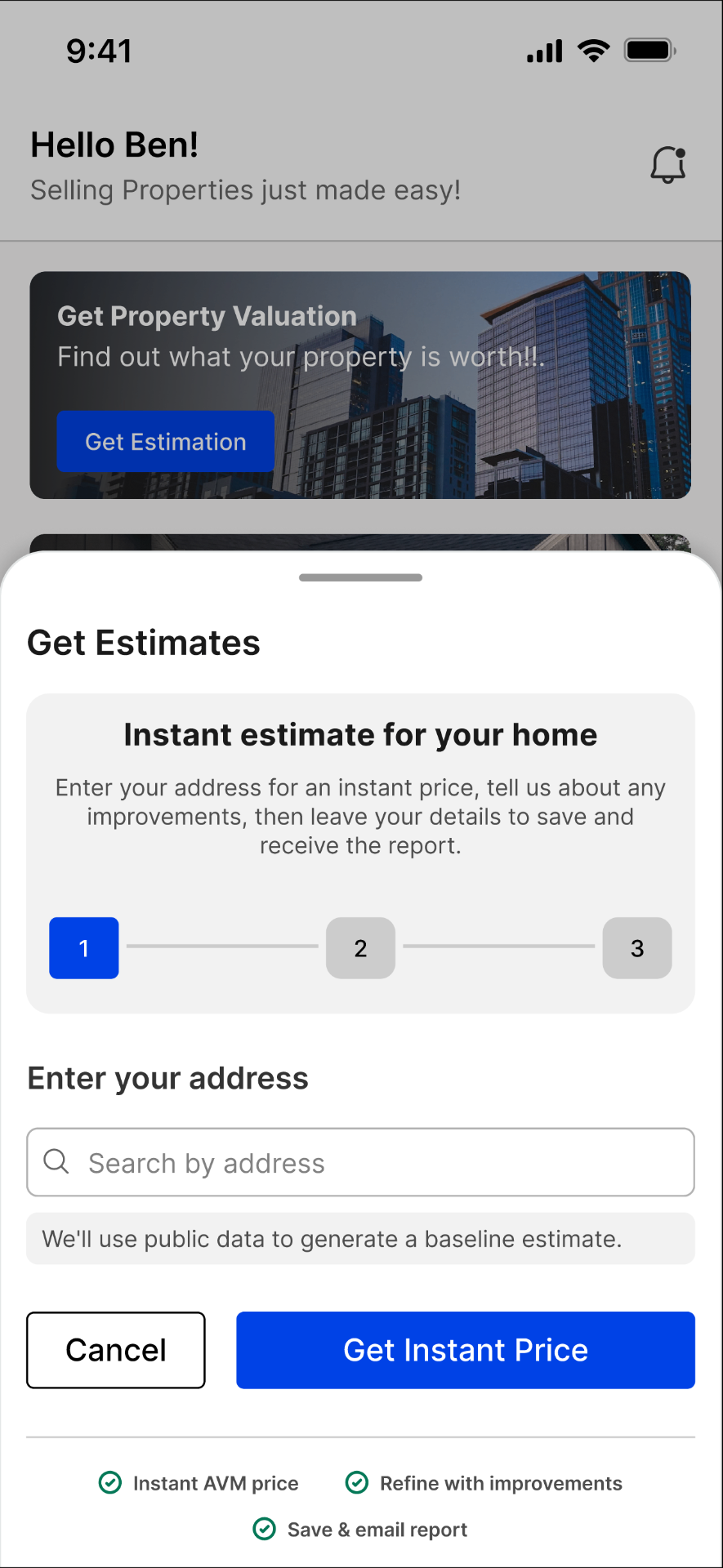 Unreserved AI valuation on mobile — defensible price band with comparable sales