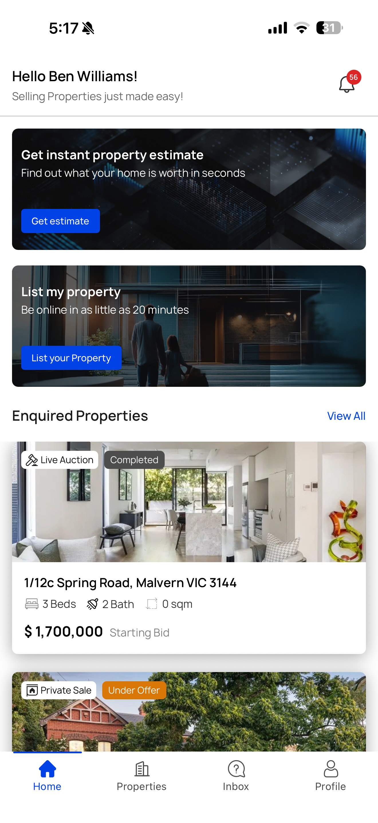 Unreserved app home screen — instant valuation, list-my-property and live-auction enquiries