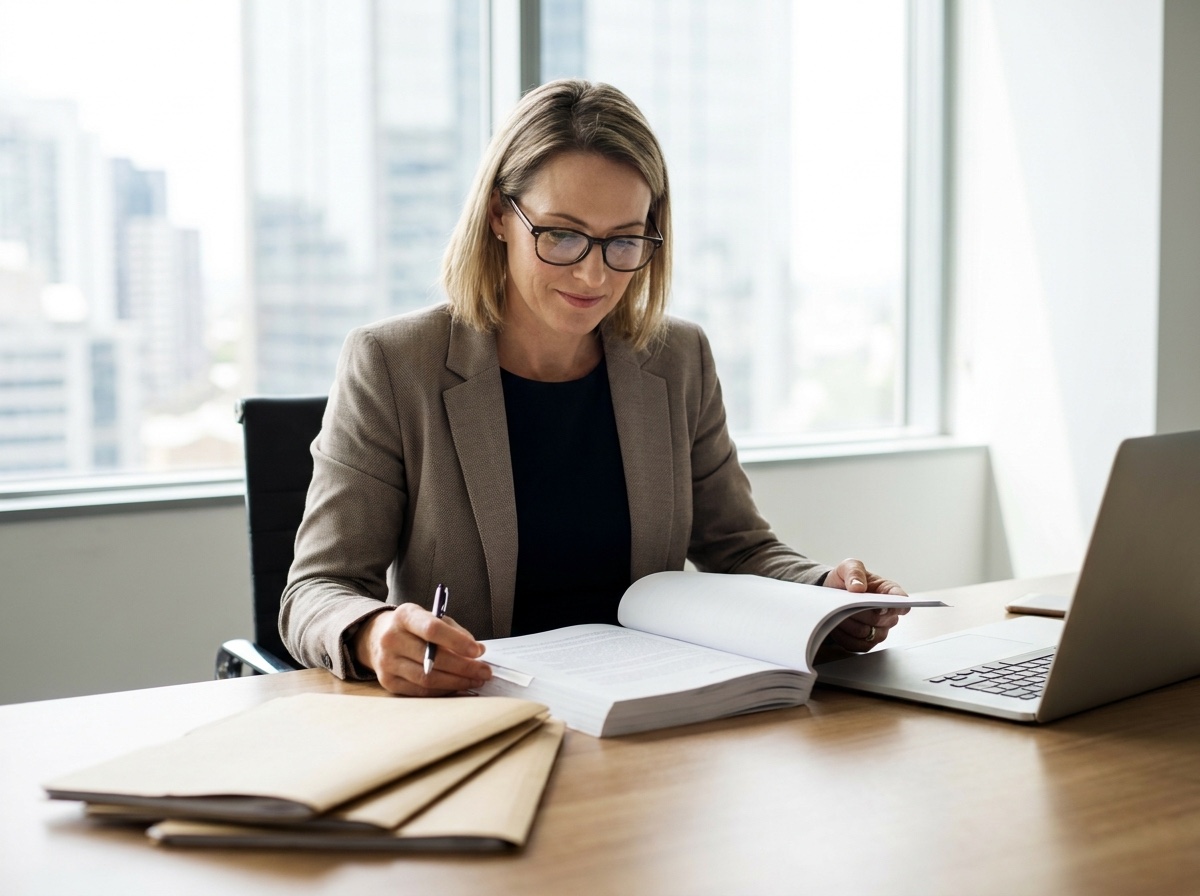 A property conveyancer reviewing a contract of sale at a desk