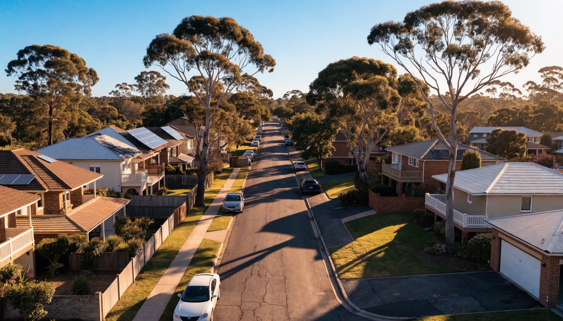 An established Australian suburban street of family homes at sunset