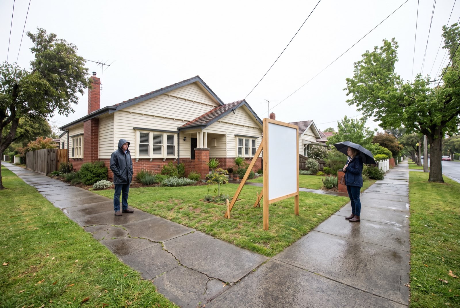 Two people standing apart on a wet footpath outside an Australian weatherboard home beside a blank auction sign board, an auction with almost no attendance