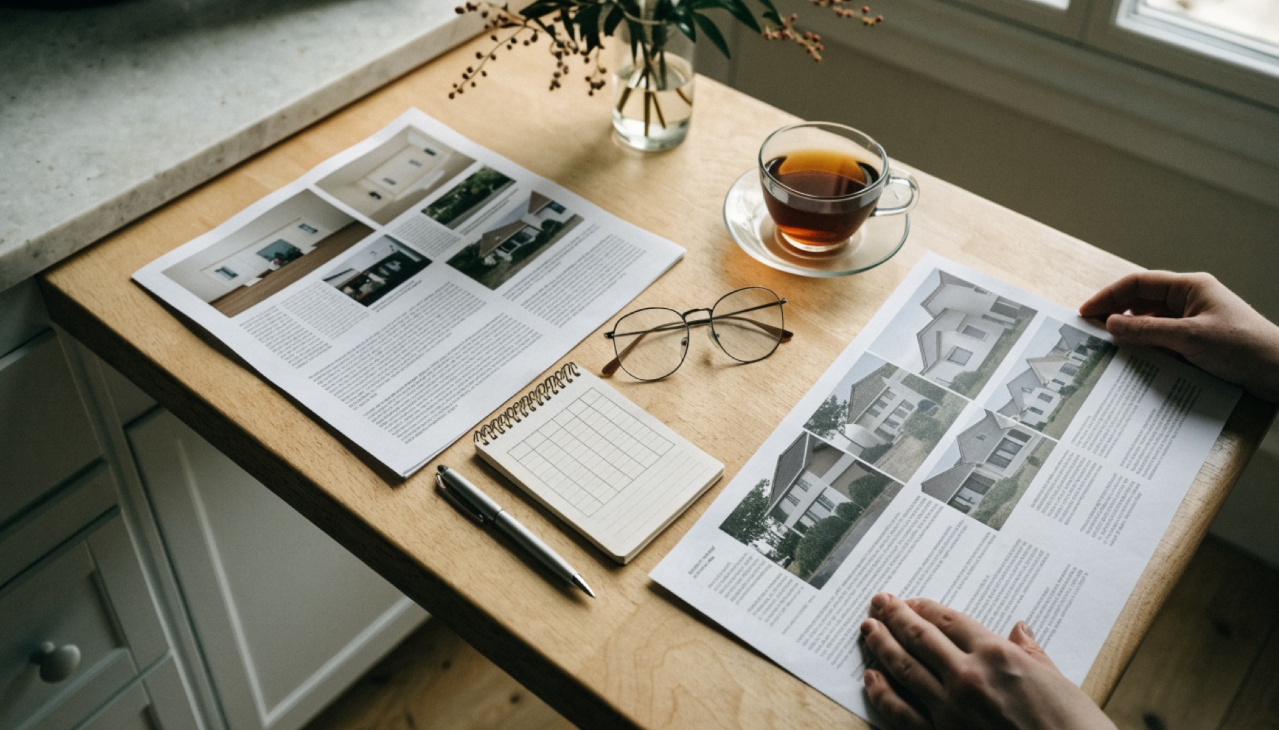 Two printed property offers laid side by side on a kitchen bench, with a hand-drawn comparison grid on a notepad