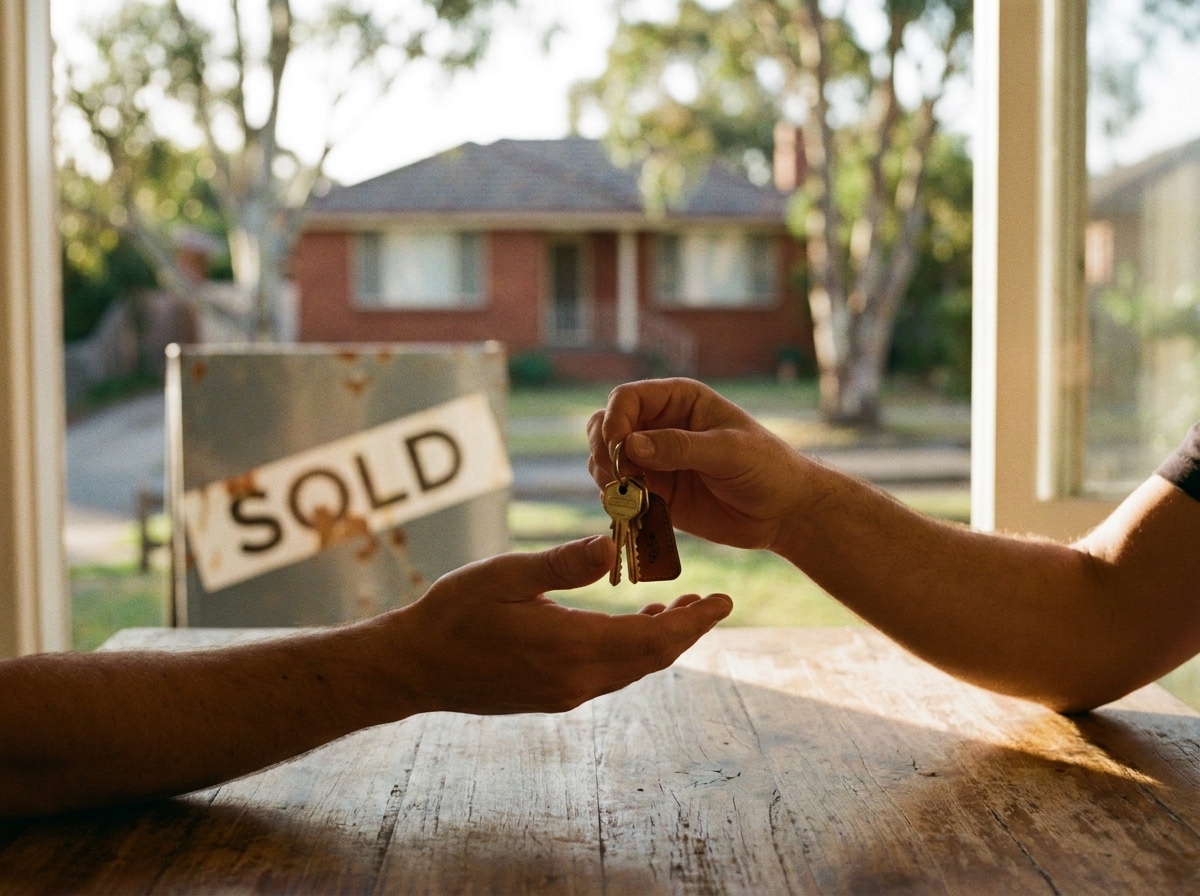 House keys handed over at settlement beside a sold real estate sign