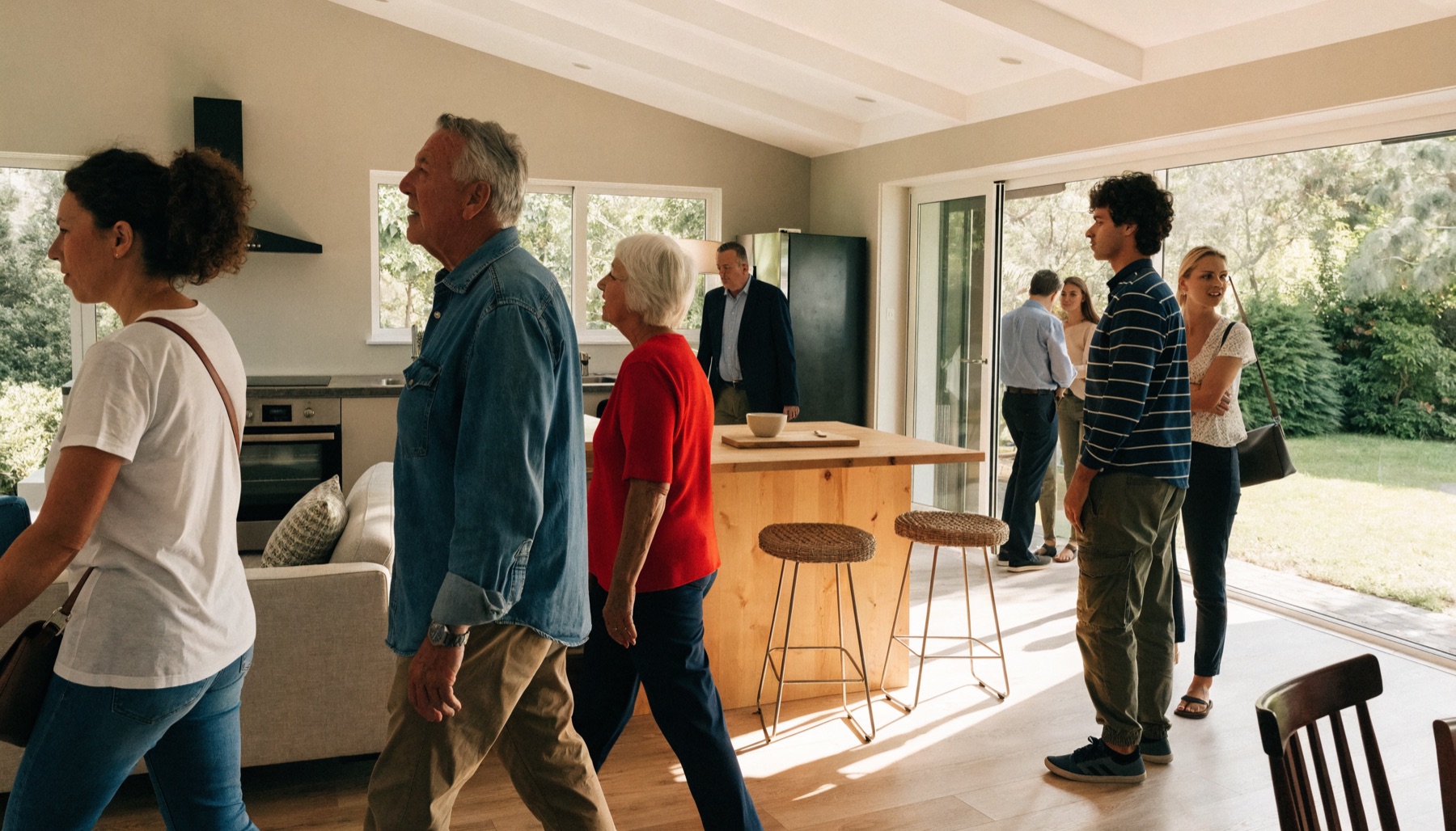 Buyers moving through a busy open home inspection in an Australian house