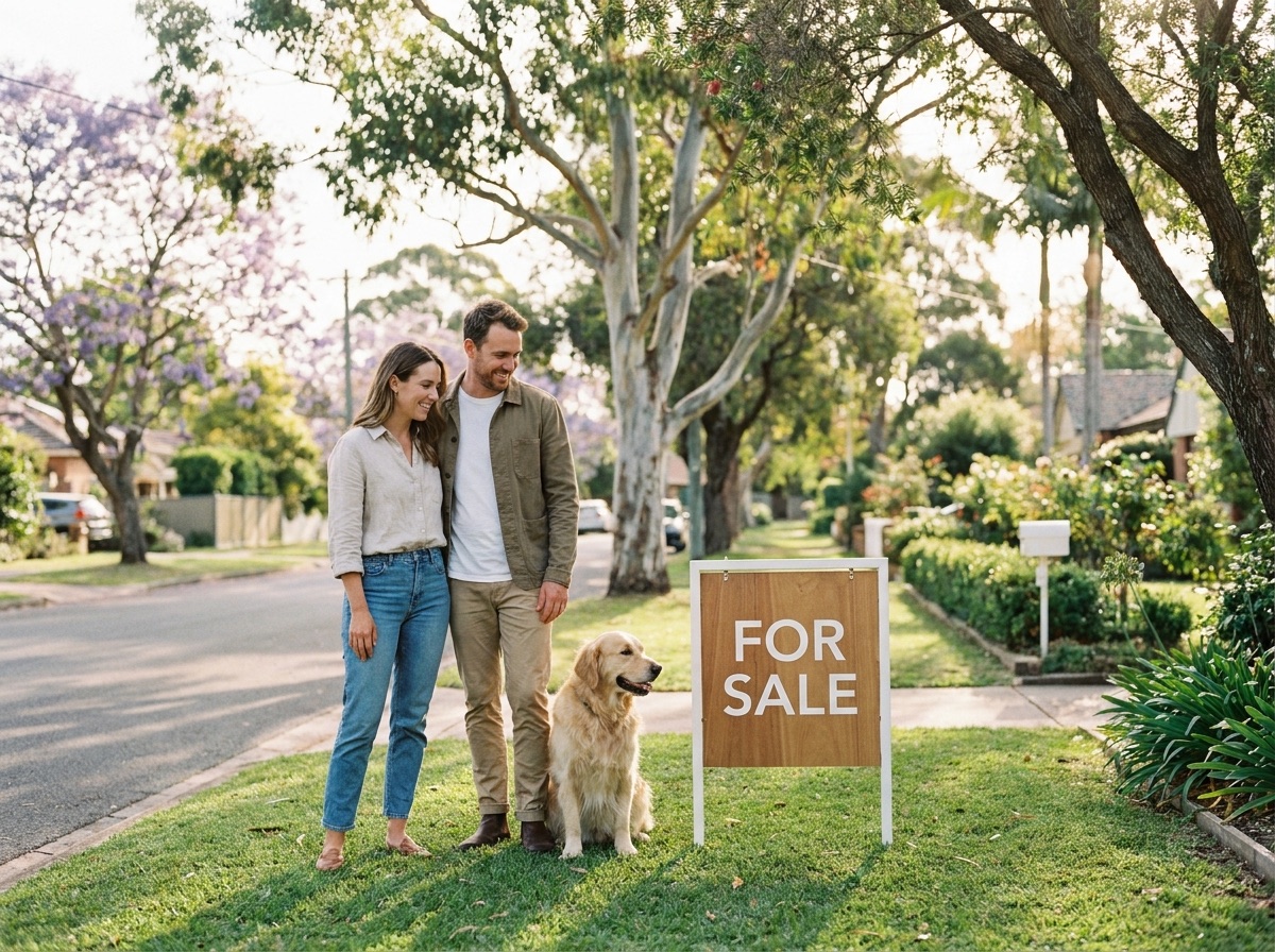 Local buyers noticing a For Sale sign on a suburban Australian street while walking past