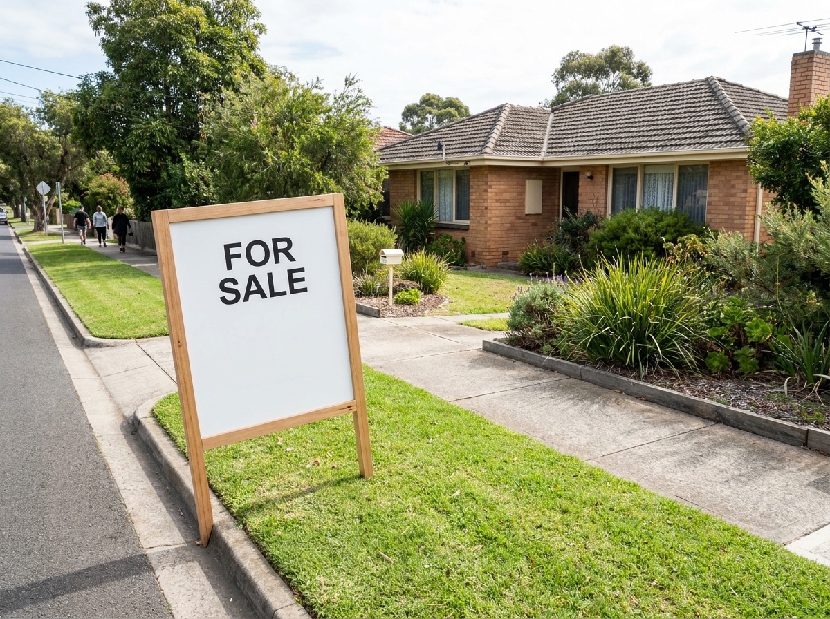 A For Sale sign placed at the front road frontage of an Australian home with a clear sightline from the street