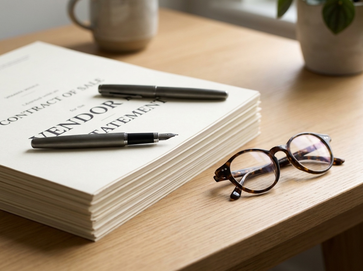 A contract of sale and vendor statement disclosure documents on a desk with a pen