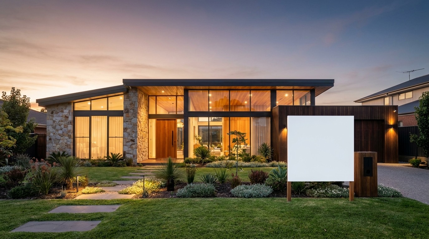 Modern Australian home at dusk with a for-sale board on the front lawn
