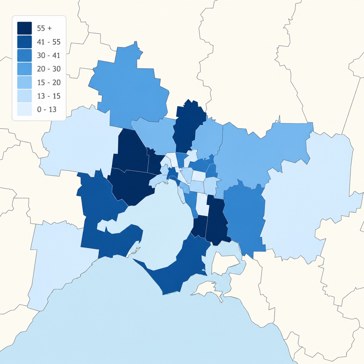 Map of Melbourne council areas shaded by number of Purplebricks listings, darkest in the outer west and outer south-east