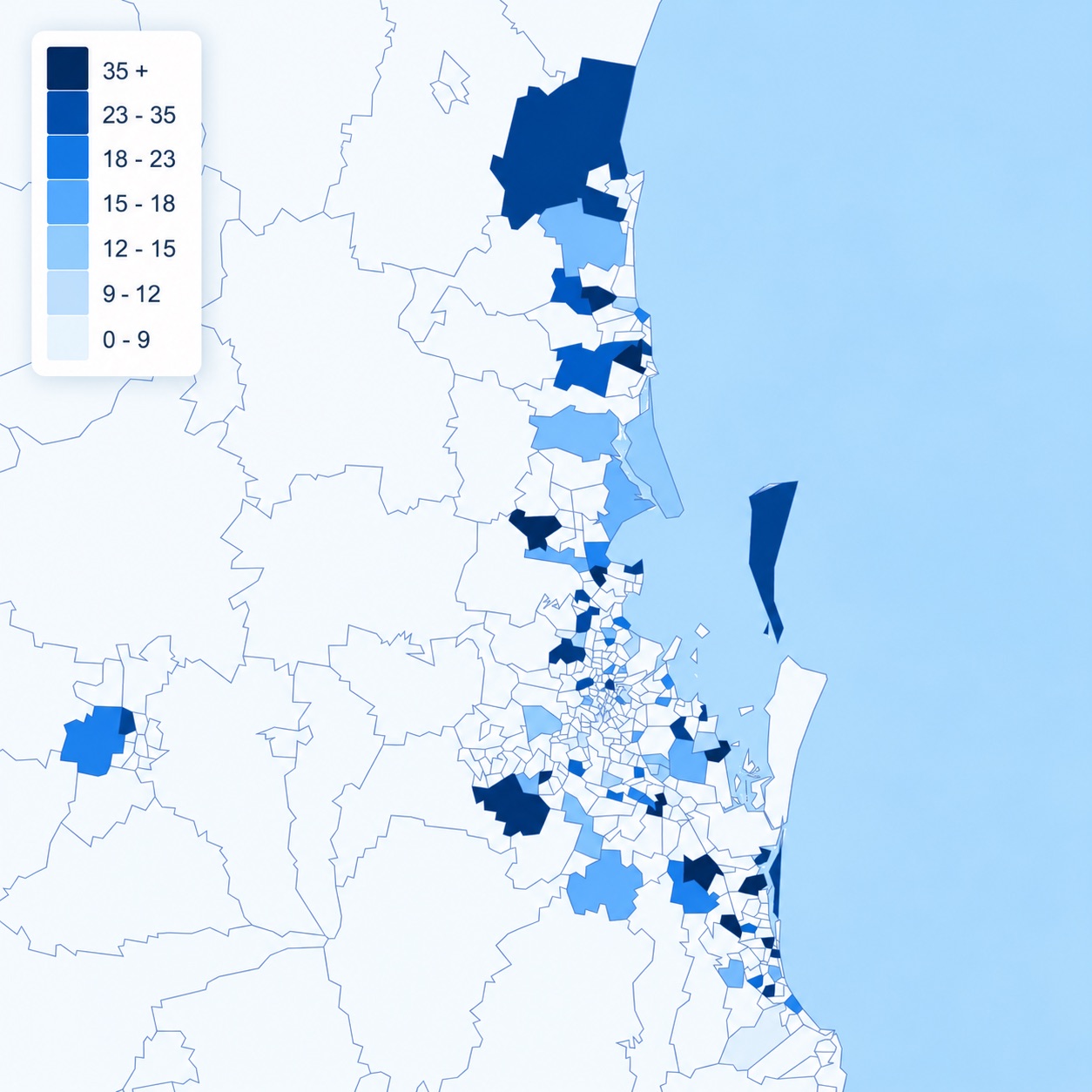 Map of South-East Queensland postcodes shaded by number of Purplebricks listings, with the darkest clusters on the Sunshine Coast, around Caboolture, Springfield, Logan and the northern Gold Coast
