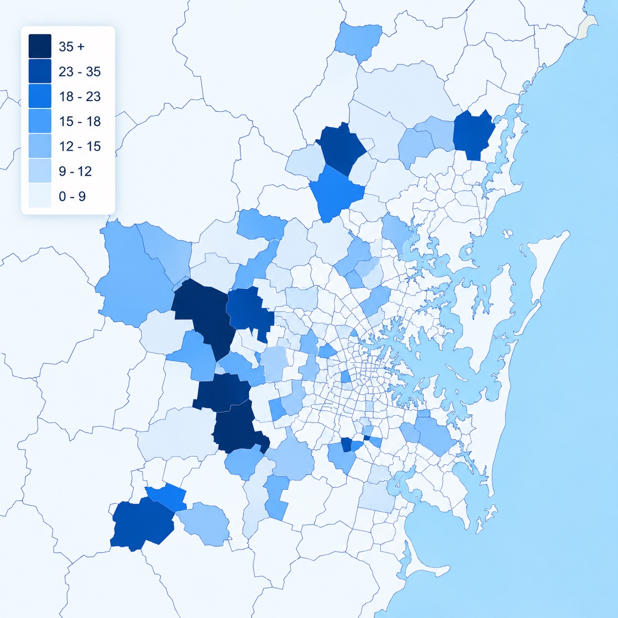 Map of Sydney postcodes shaded by number of Purplebricks listings, darkest in the outer west and south-west, with the inner city and eastern suburbs pale